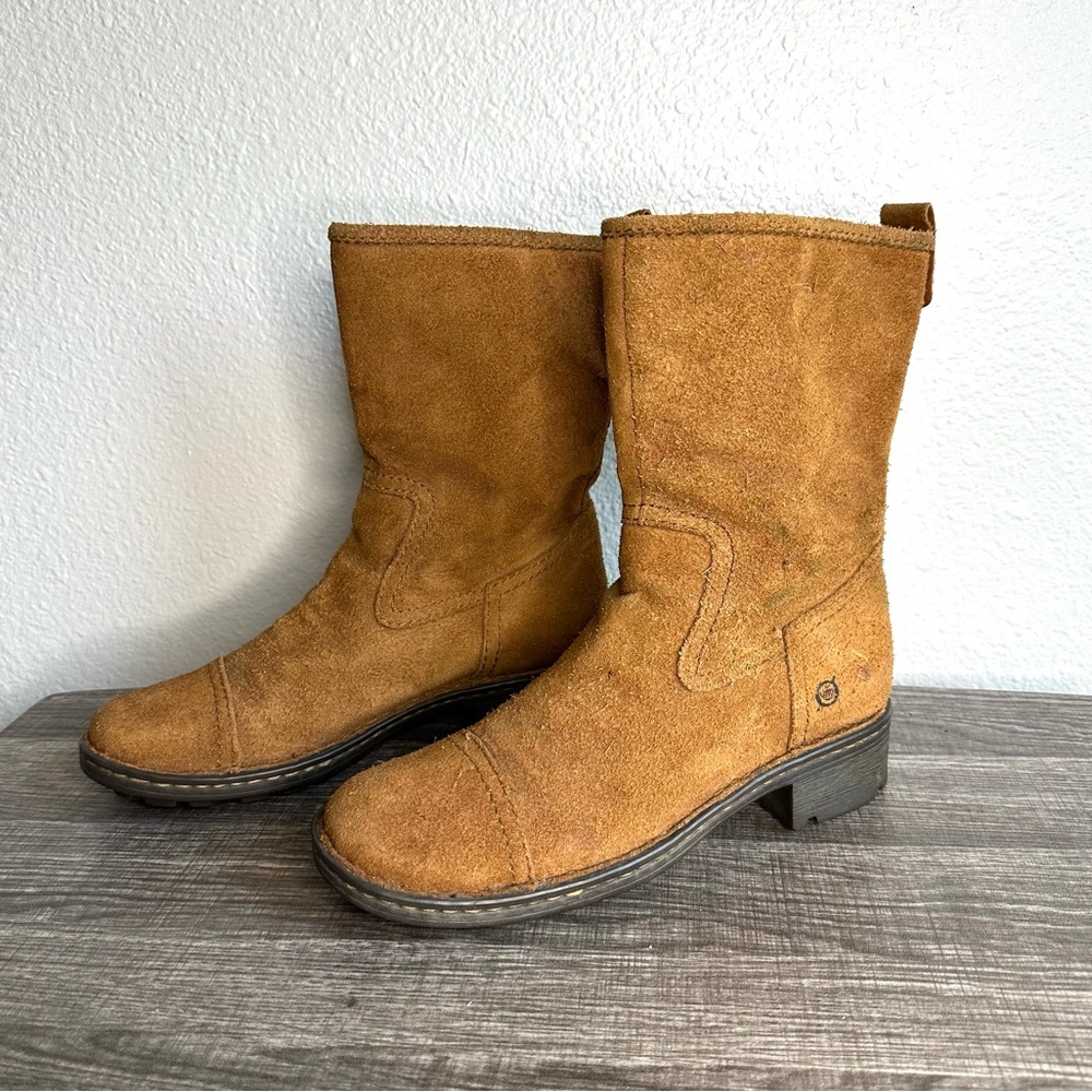 Born Mid Calf Brown Leather Suede Boots Riding Moto Pull On Women’s Size 7.5
